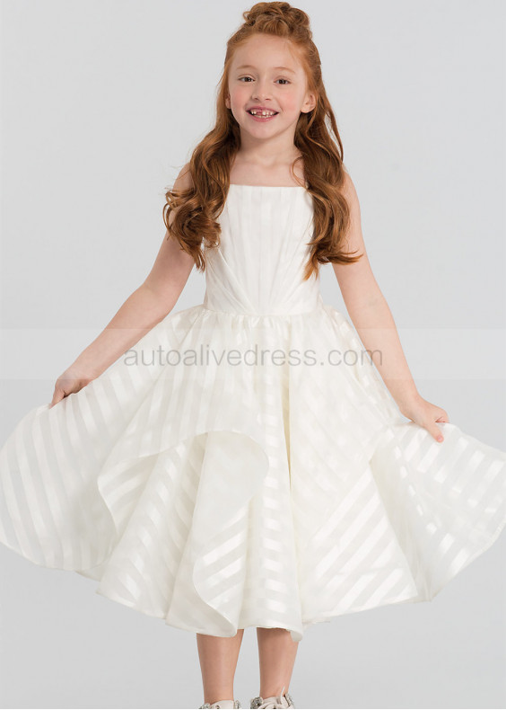 Ivory Striped Organza Tea Length Flower Girl Dress